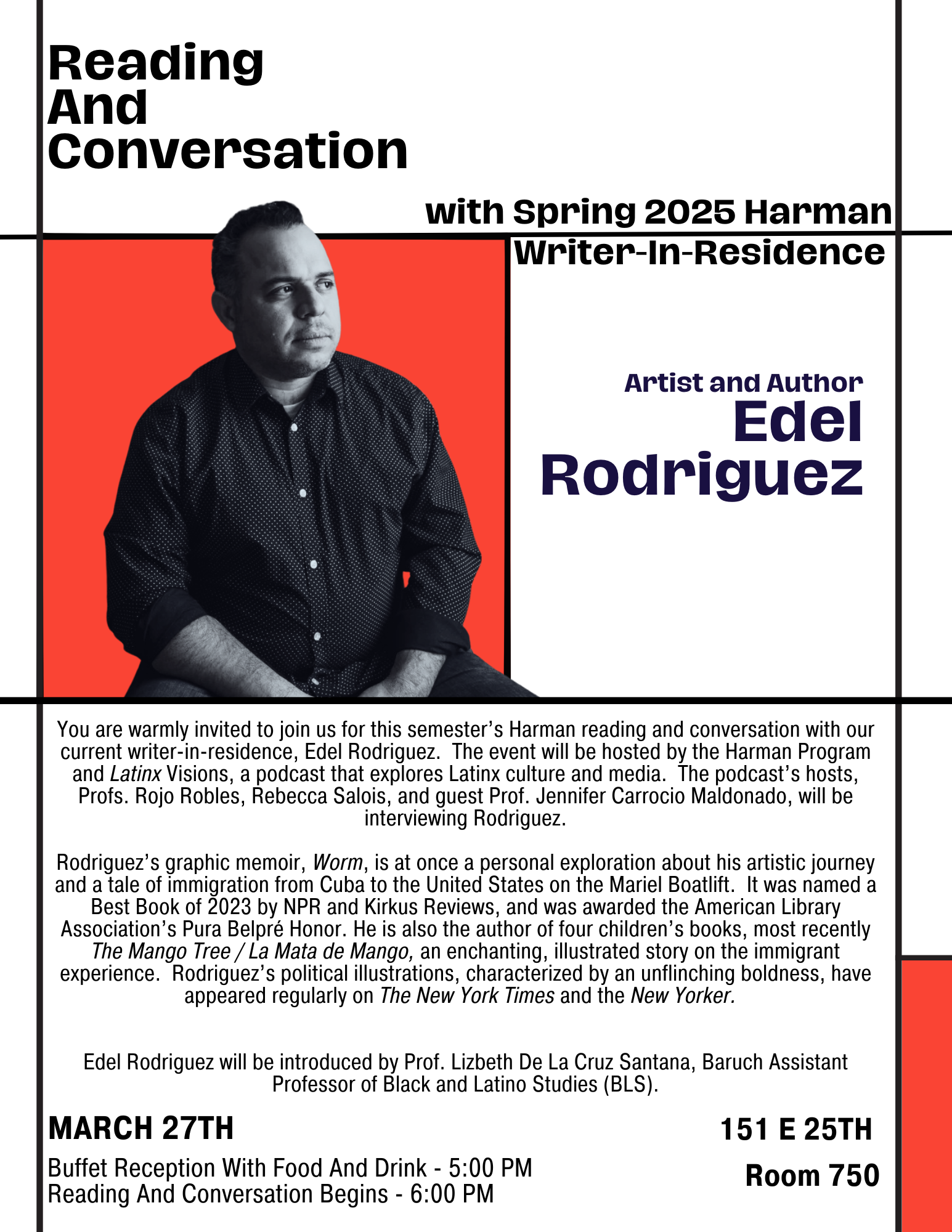 Flyer for podcast recording: Reading and Conversation with artist and author Edel Rodriguez